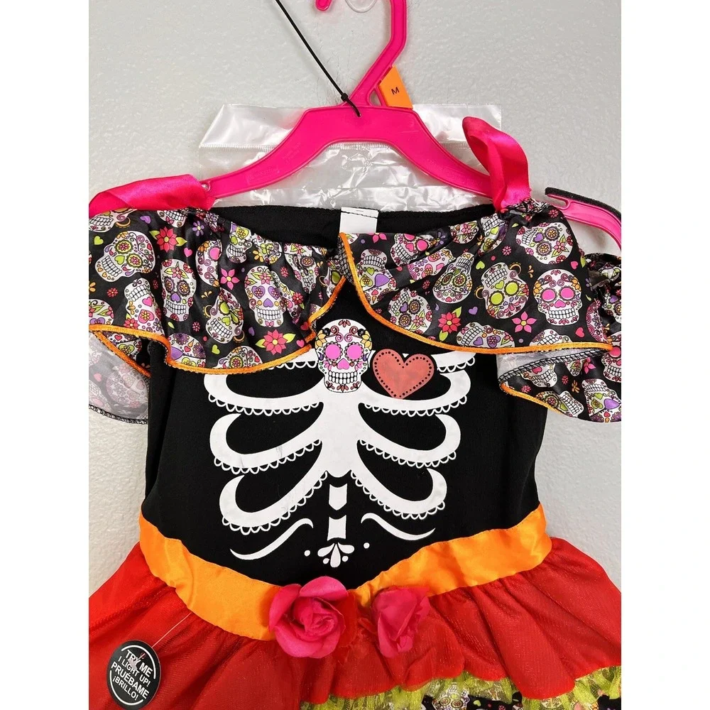 Halloween Light Up Sugar Skull Fancy‎ Dress Costume Girl's Child Size M 8-10 New